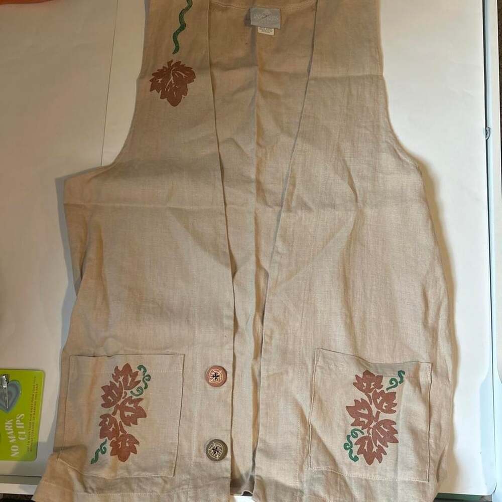 Tapestries Hawaii Vest Size S Cream Linen Leaf Print